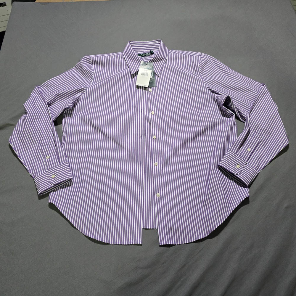 Lauren Ralph Lauren Button shirt Women Large Purple Striped Non Iron vintage